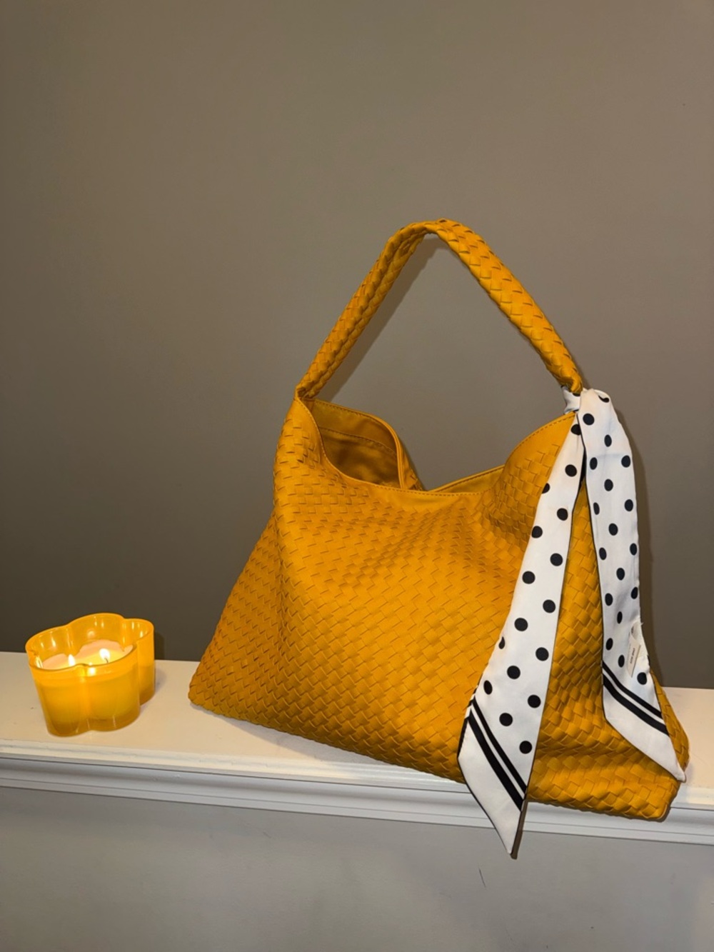 Woven Shoulder Bag w/ Polka Dot Scarf